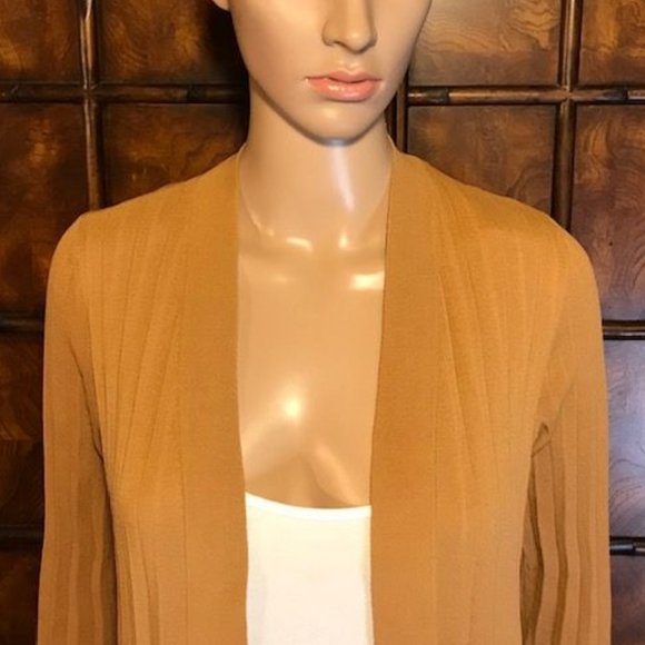 Chico's Sandstone Pleated Cotton Blend High Side Slit Open Front Duster - Picture 6 of 12